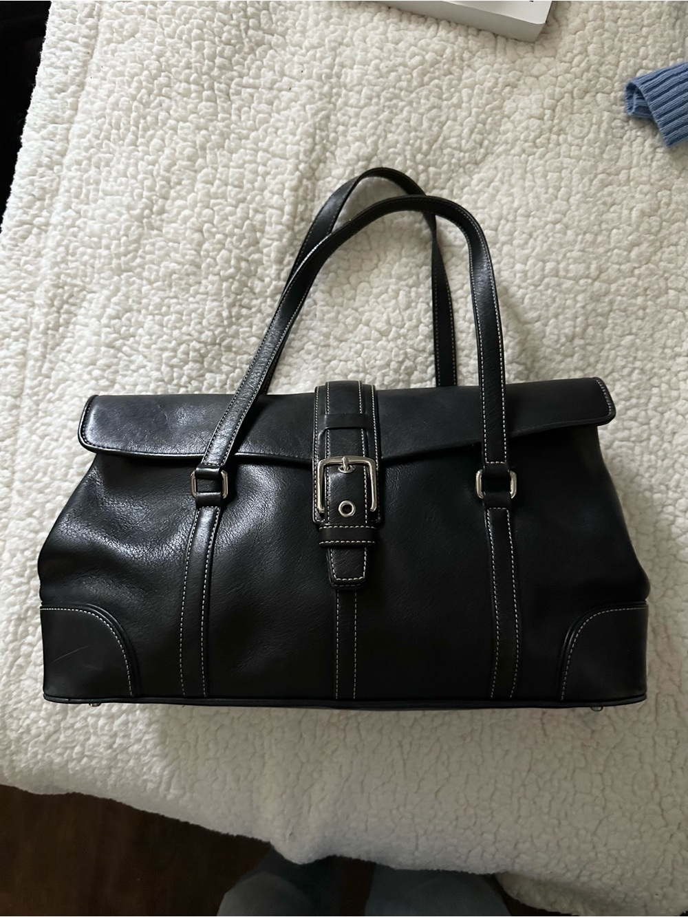 Coach Black Leather Duffel Satchel with Buckle Strap and Double Handles - Picture 7 of 14